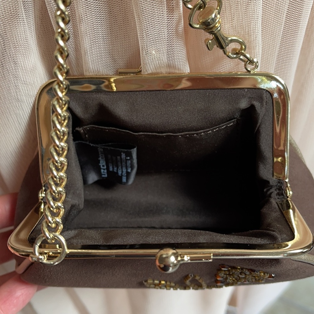 Liz Claiborne Brown Satin Evening Clutch with Gold Chain - Picture 3 of 8